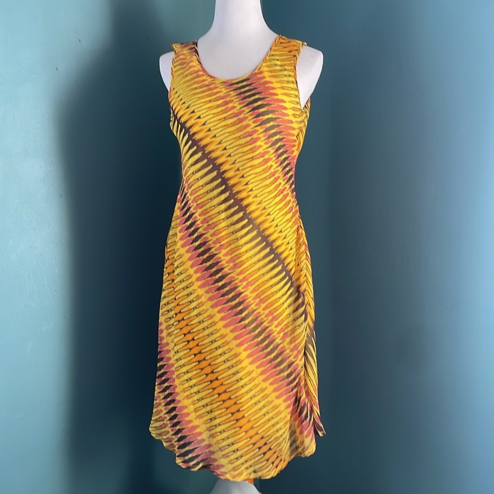 Yellow and chiffon sun Dress with round tassel detail, good dress for curves